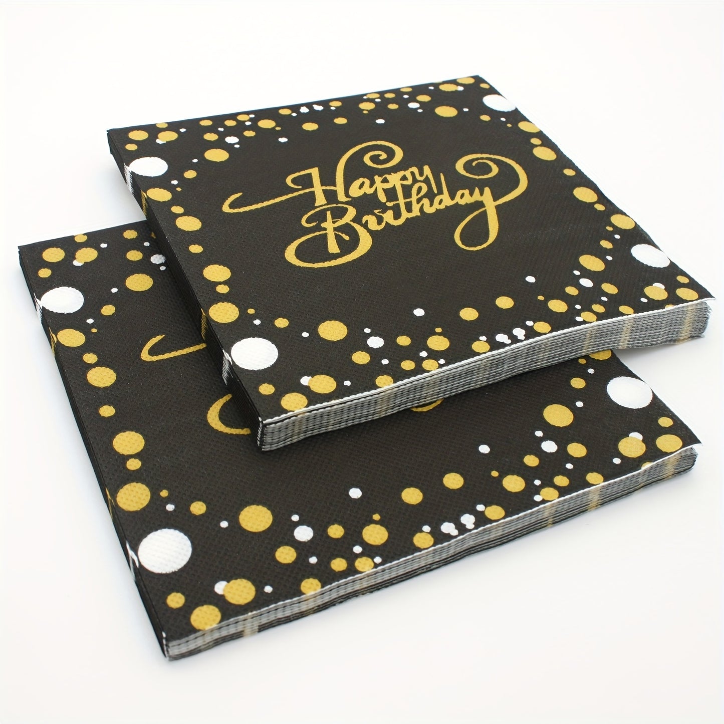 20 Black napkins (33.02cmx33.02cm) with gold Happy Birthday pattern, ideal for events such as weddings, anniversaries, and birthdays.