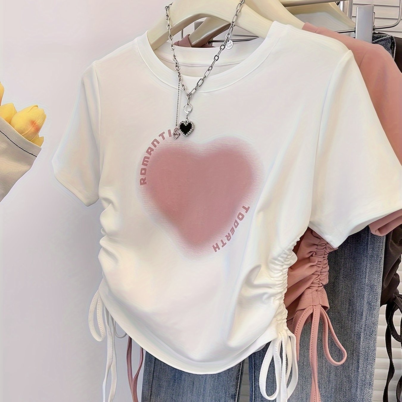 Heart Print Drawstring Side T-shirt, Short Sleeve Slim Crop Top, Women's Summer Clothing