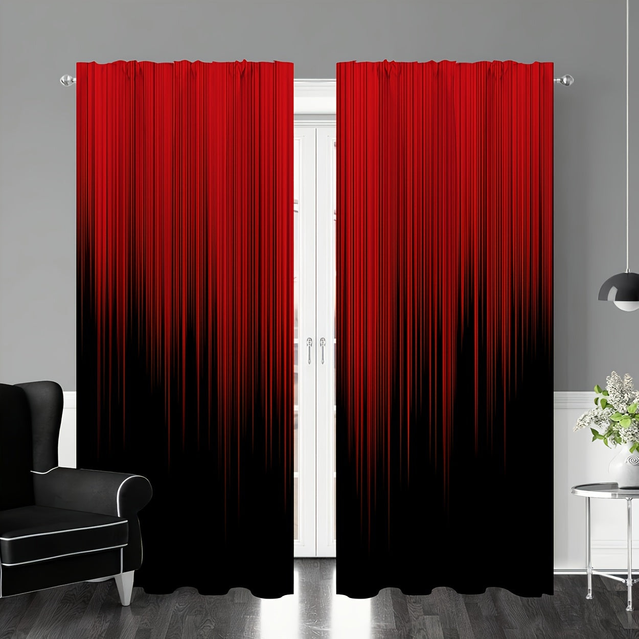 Set of 2 Polyester Red Black Gradient Stripe Design Printed Curtains, Perfect for Bedroom, Office, Kitchen, Living Room, and Study. Features Rod Pocket Window Treatment for Home and Room Decor. Easy to hang on any rod.