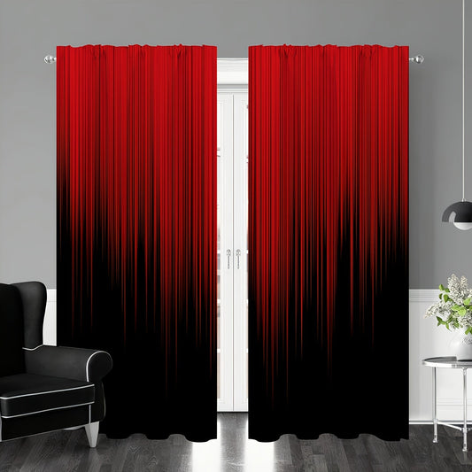 Set of 2 Polyester Red Black Gradient Stripe Design Printed Curtains, Perfect for Bedroom, Office, Kitchen, Living Room, and Study. Features Rod Pocket Window Treatment for Home and Room Decor. Easy to hang on any rod.