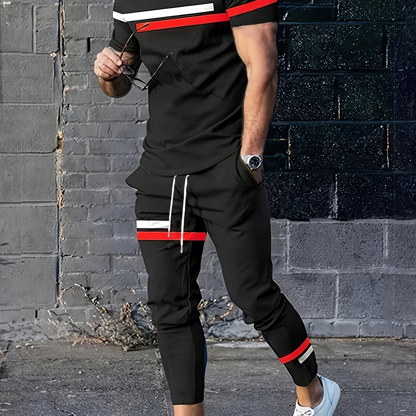 Men's summer athletic short sleeve tops & long pants set in striped polyester blend for a streetwear outfit.