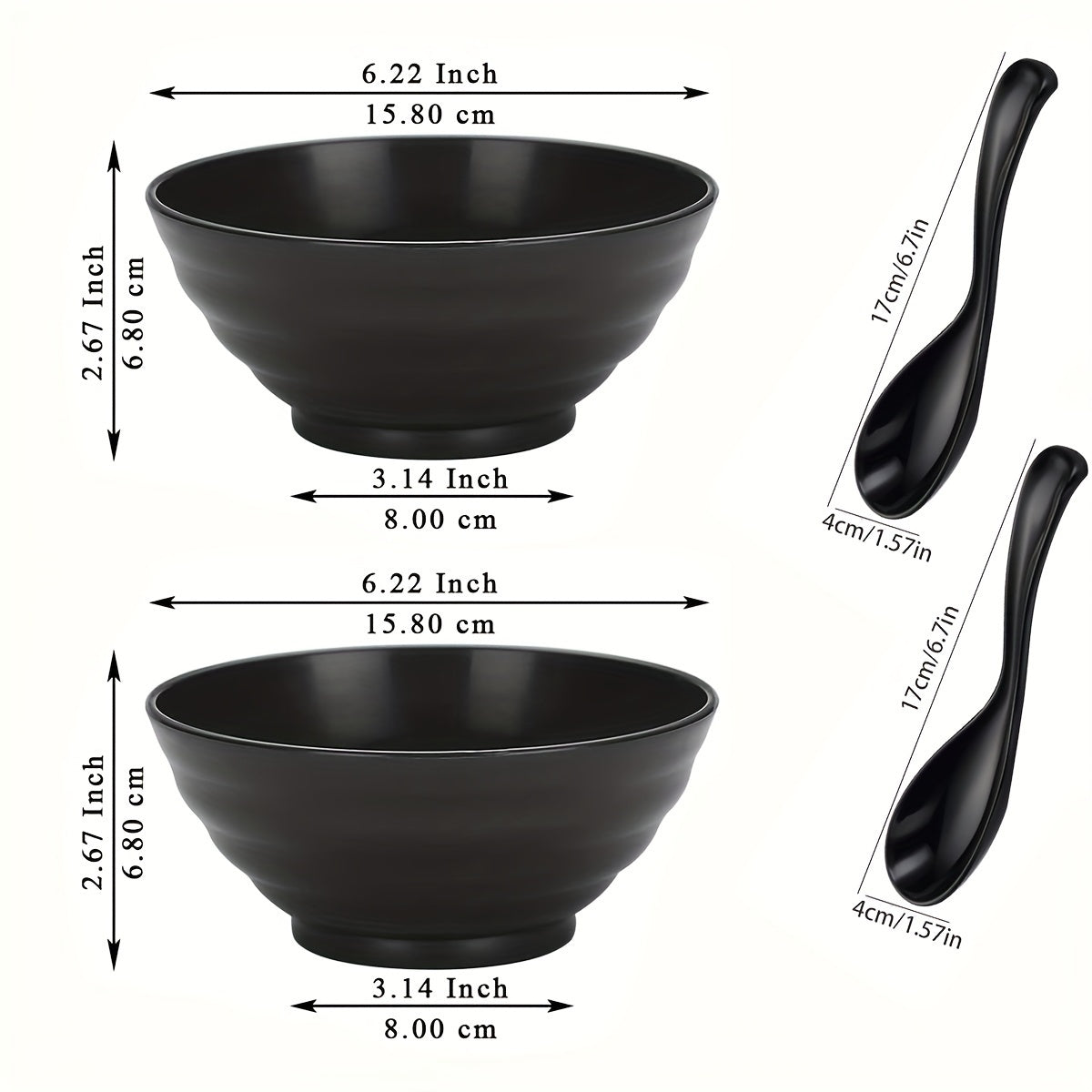 Набор из 2 черных полипропиленовых мисок для рамена с оригинальным дизайном, небьющиеся, безопасные для микроволновой печи и посудомоечной машины. Включает 2 ложки, идеально подходит для супа, закусок и хлопьев.