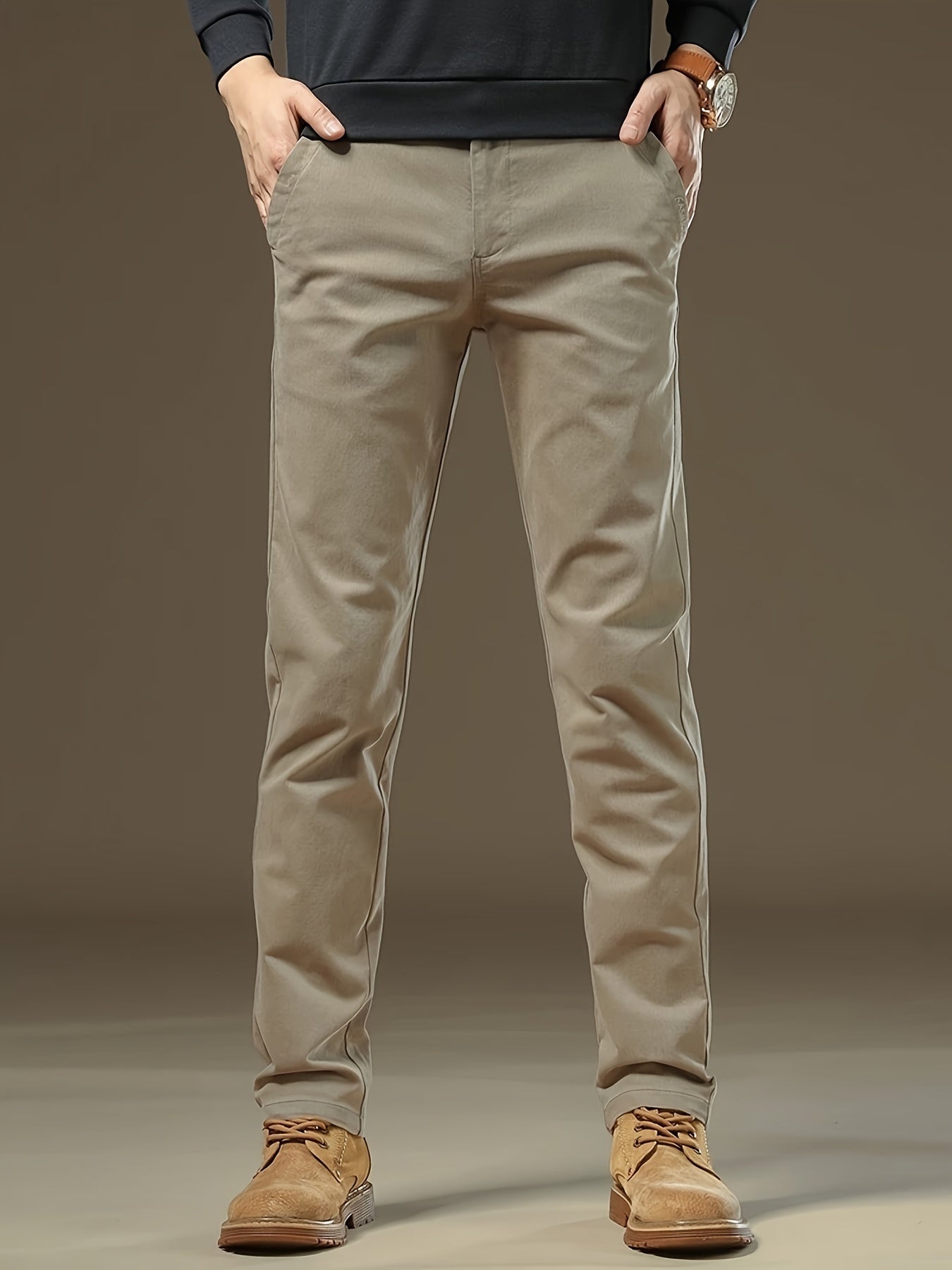 Stylish men's dress pants in khaki color with classic fit and stretch, suitable for business casual wear in spring/fall season.