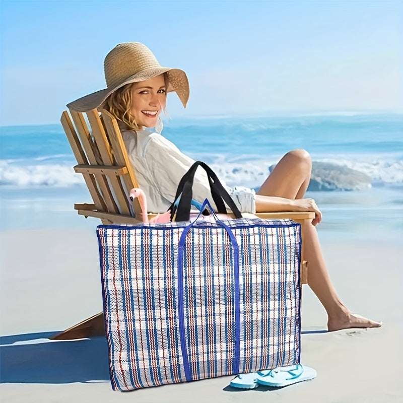 Large Waterproof Quilt Storage Bag - Durable, Zippered Tote with Handles for Easy Moving & Beach Use, Pink/Blue Checkered, Laundry Bags