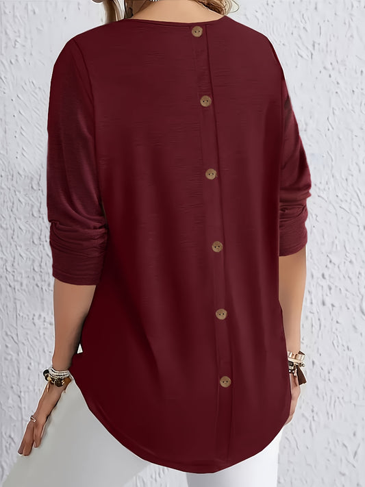 Elegant long-sleeve tops for plus-size women with button detail on the back, perfect for spring and autumn.