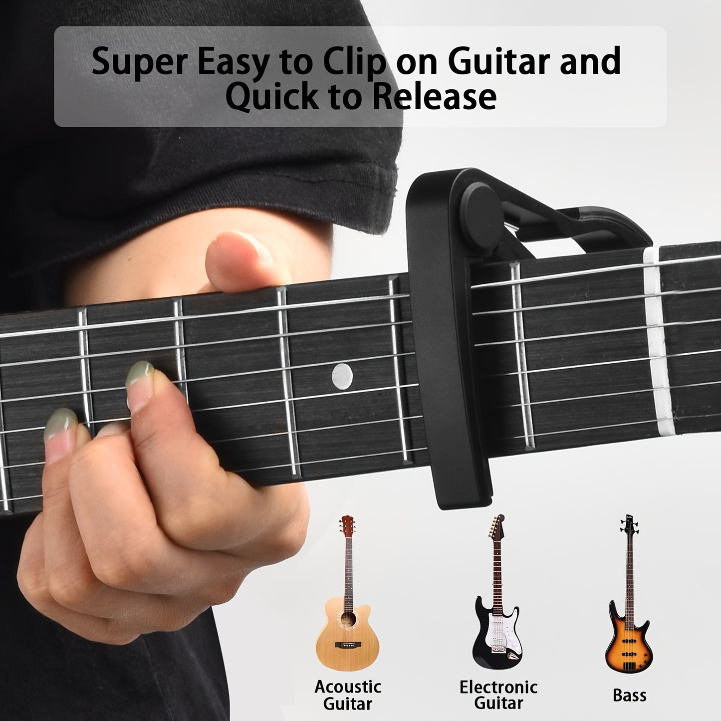 Guitar tuner with picks, capo, quick-release clip-on tuner for guitar, violin, bass, ukulele.