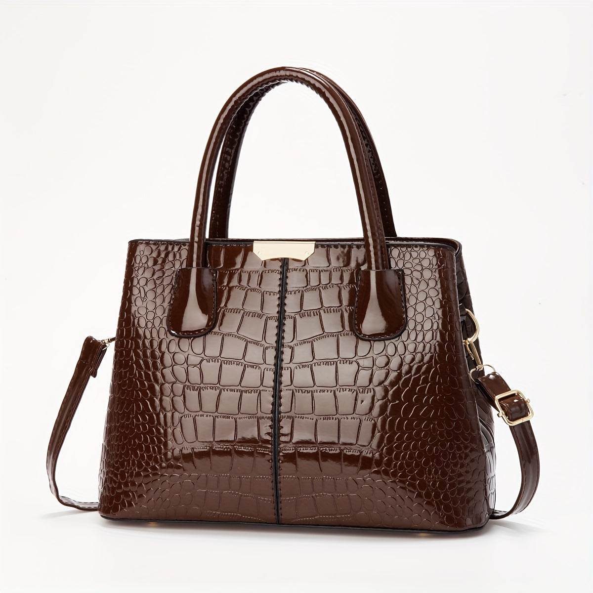 A glossy crocodile pattern handbag perfect for Mother's Day, Easter gatherings, and elegant commuting, with a large capacity and simple design.