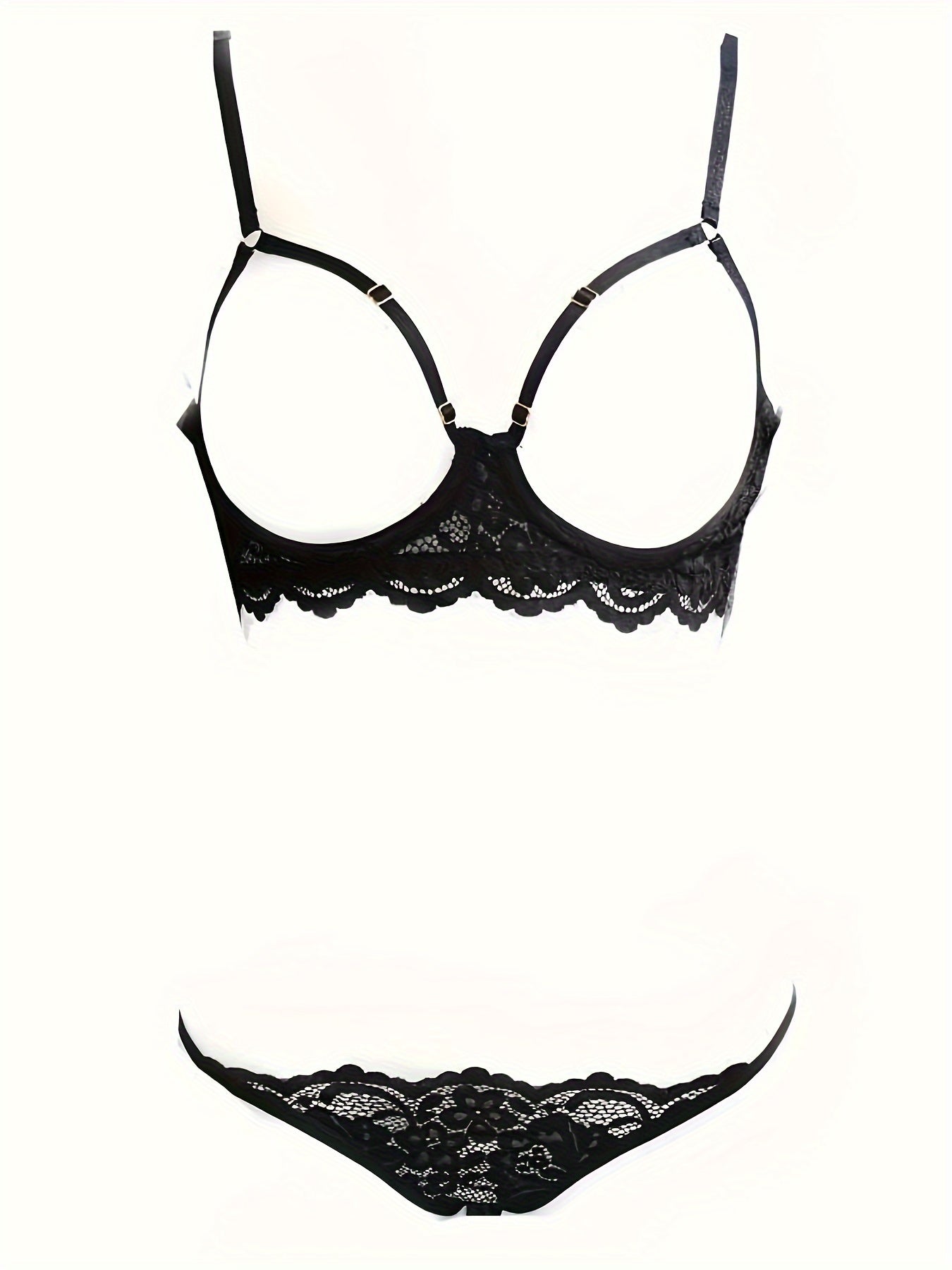 Seductive black lingerie set with underwire and lace T-pants for a small chest lift.