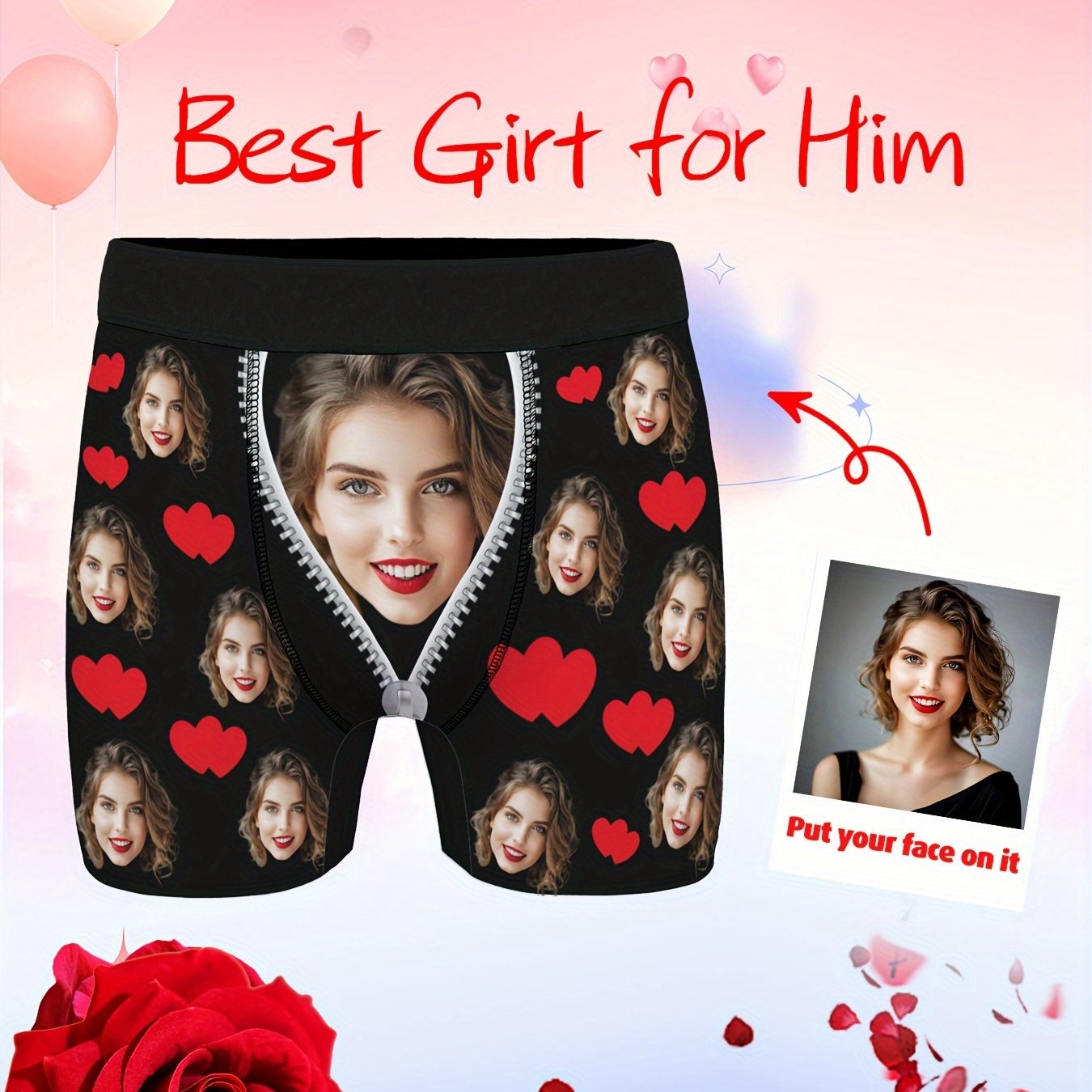 Personalized men's briefs with custom photos- perfect gifts for boyfriends or husbands on Valentine's Day.