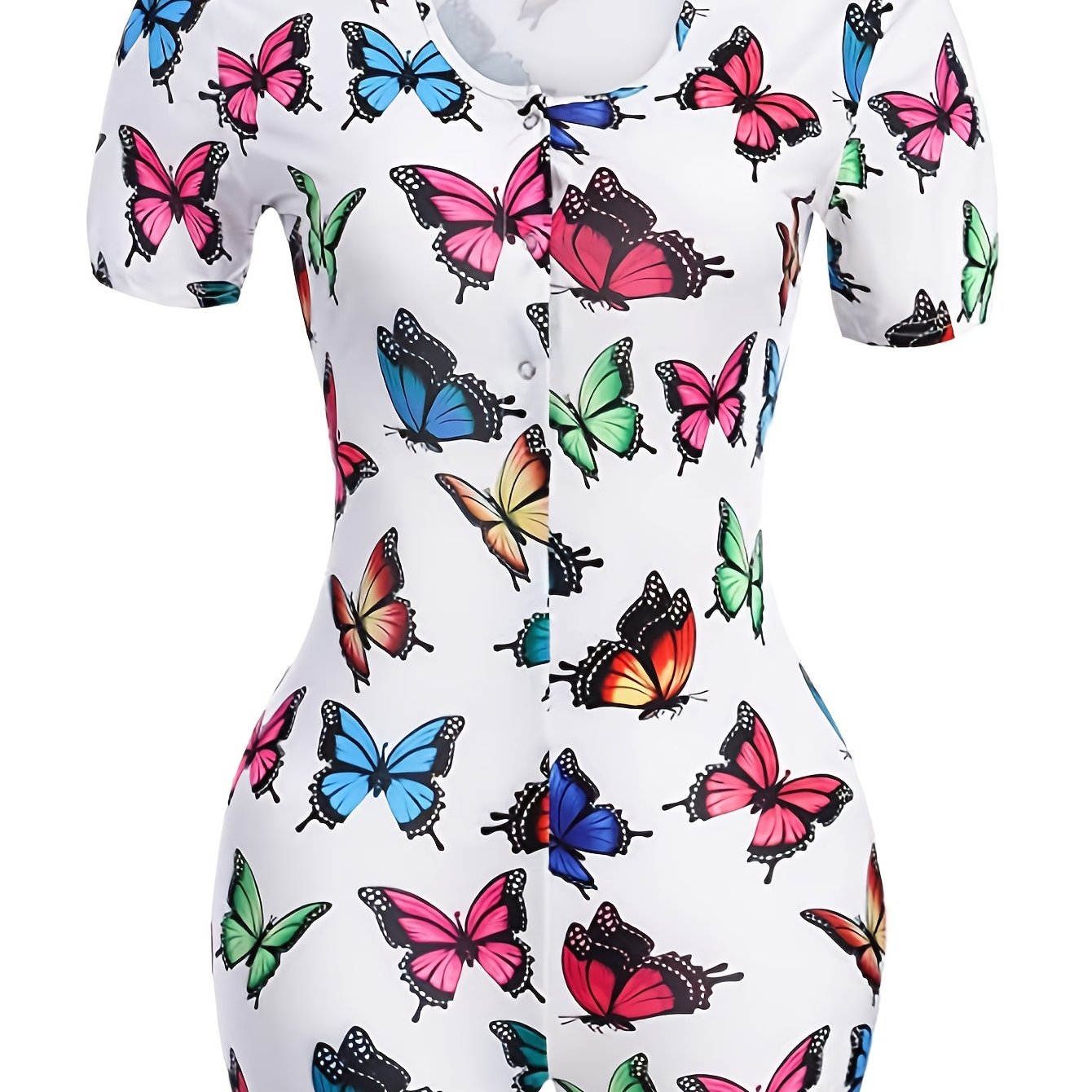 Butterfly Print Lounge Bodysuit, Crew Neck Romper for Women loungewear