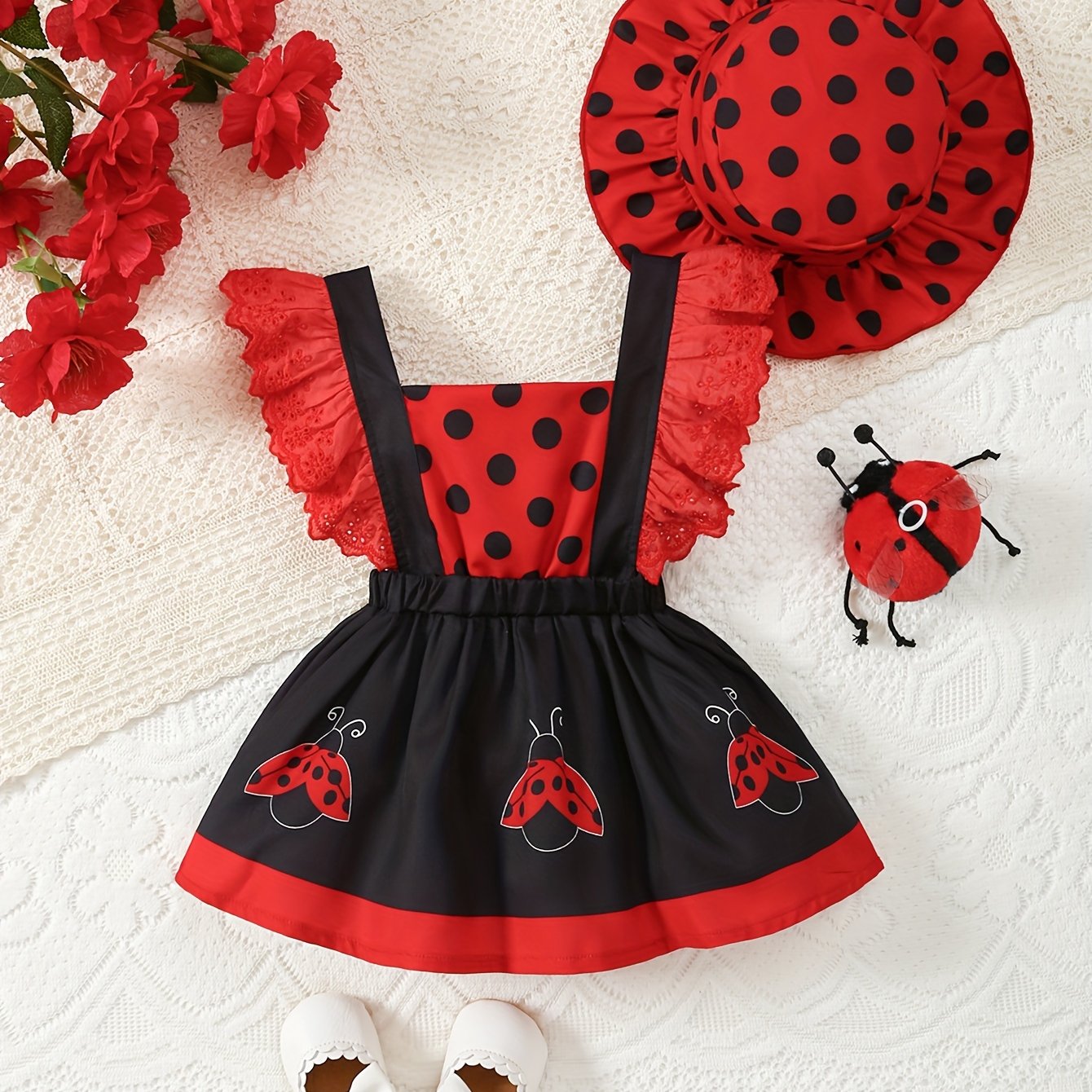 2pc Bee & Ladybug Themed Summer Dress Set for Girls - Striped, Ruffle-Trimmed with Matching Sun Hat, Polyester, Machine Washable