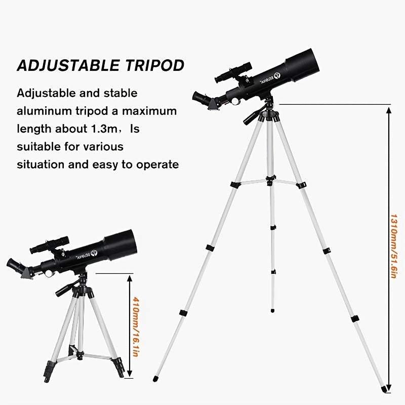 Adults' 70mm aperture 400mm AZ telescope for astronomy. Ideal for beginners and stargazing. Includes smartphone adapter and wireless remote.