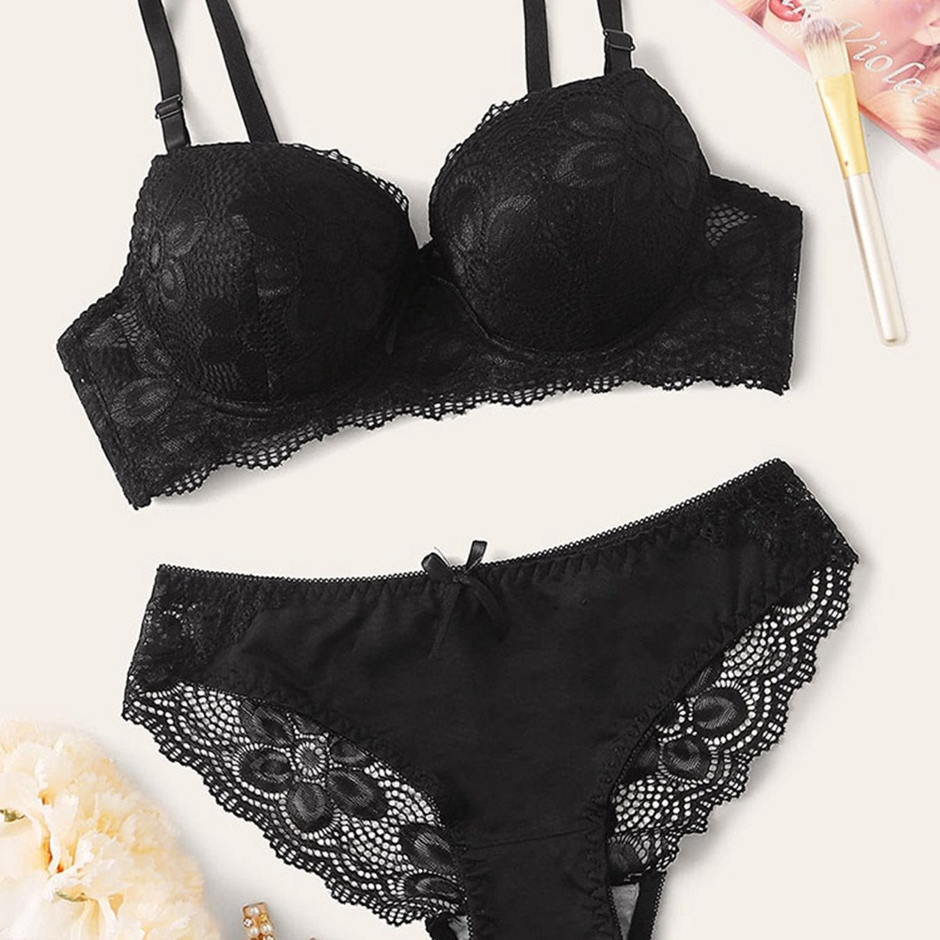 Floral lace underwire cami bra and panties set for women, sexy lingerie.