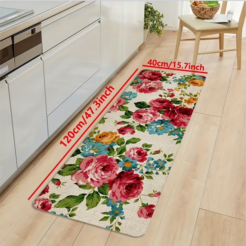 Polyester kitchen mat with floral design is non-slip, oil-proof, and waterproof. Machine washable and dirt-resistant, suitable for various rooms. Water-absorbing and decorative floor mat.