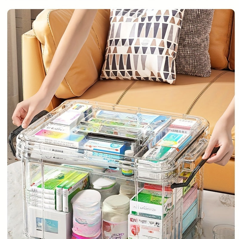 Large waterproof family medicine organizer with double-layer, transparent storage box for home and travel organization.