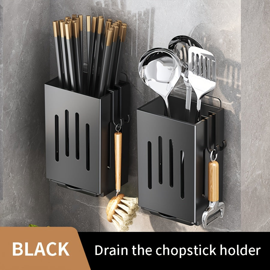 Single or double Wall-mounted Chopstick Holder for organizing chopsticks, spoons, and tableware in the kitchen. Features a no-drilling drainage chopstick tube. Perfect for storing kitchen utensils such as knives, forks, soup spoons, sponge cloths, and