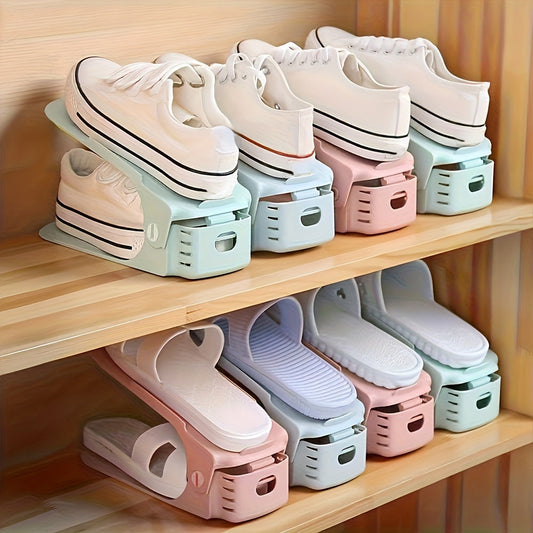 Two-tier stackable shoe organizer made of plastic, suitable for home use. Can be adjusted to save space and without the need for electricity. Versatile for use in bedrooms, living rooms, and dorms.