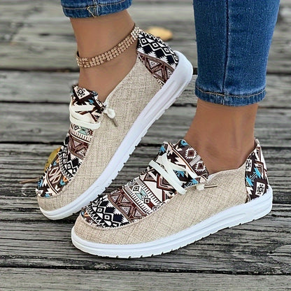 Women's Geometric Pattern Canvas Shoes, Casual Low Top Flat Shoes, Lightweight Sneakers