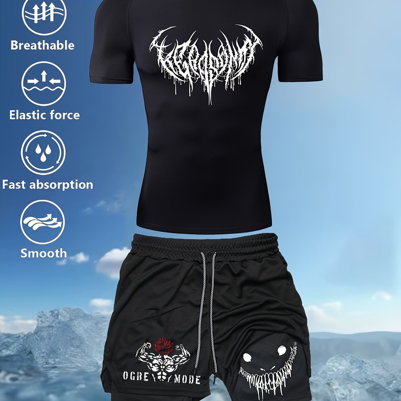 Men's Printed Wings Sports Suit with Quick-Drying Compression T-Shirt, Face-printed Shorts, Short-Sleeved Sweatshirt + Multi-Pocket Double-Layer Shorts