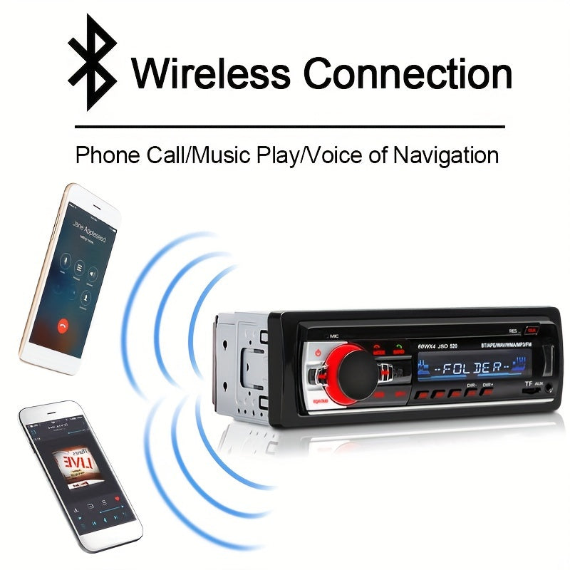 Universal car radio MP3 player with wireless FM, USB aux input, color display, voice navigation, and no battery needed.