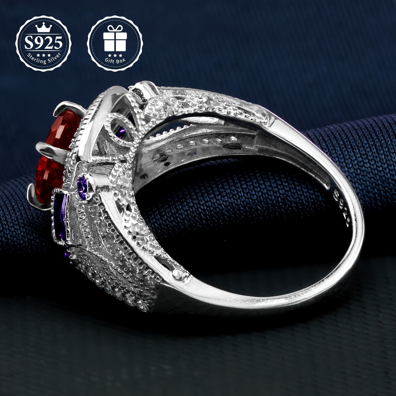 A stunning S925 Sterling Silver Ring with 24K Golden Plating, adorned with vibrant Multicolor Cubic Zirconia and Purple Gemstones - Perfect for Weddings, Parties, or as a Valentine's Day Gift. Includes a luxurious gift box, crafted with high-quality