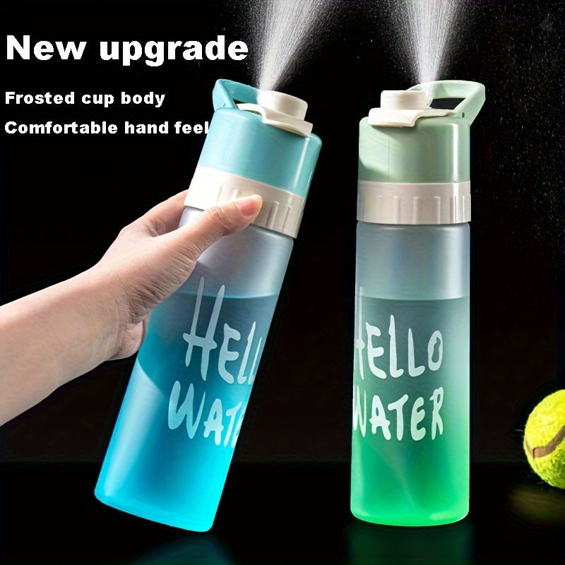 Large capacity gradient sports water bottle with spray function, made of durable PP, essential for summer cooling. Available in blue, green, or pink with "HELLO WATER" motif.