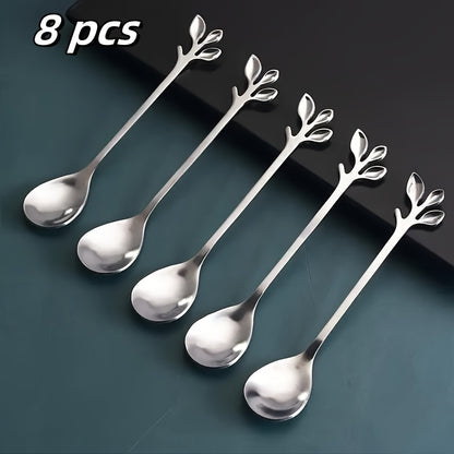 Set of 8 stainless steel coffee spoons with branch design, perfect for stirring dessert and ice cream. Durable, dishwasher safe, and restaurant-grade.