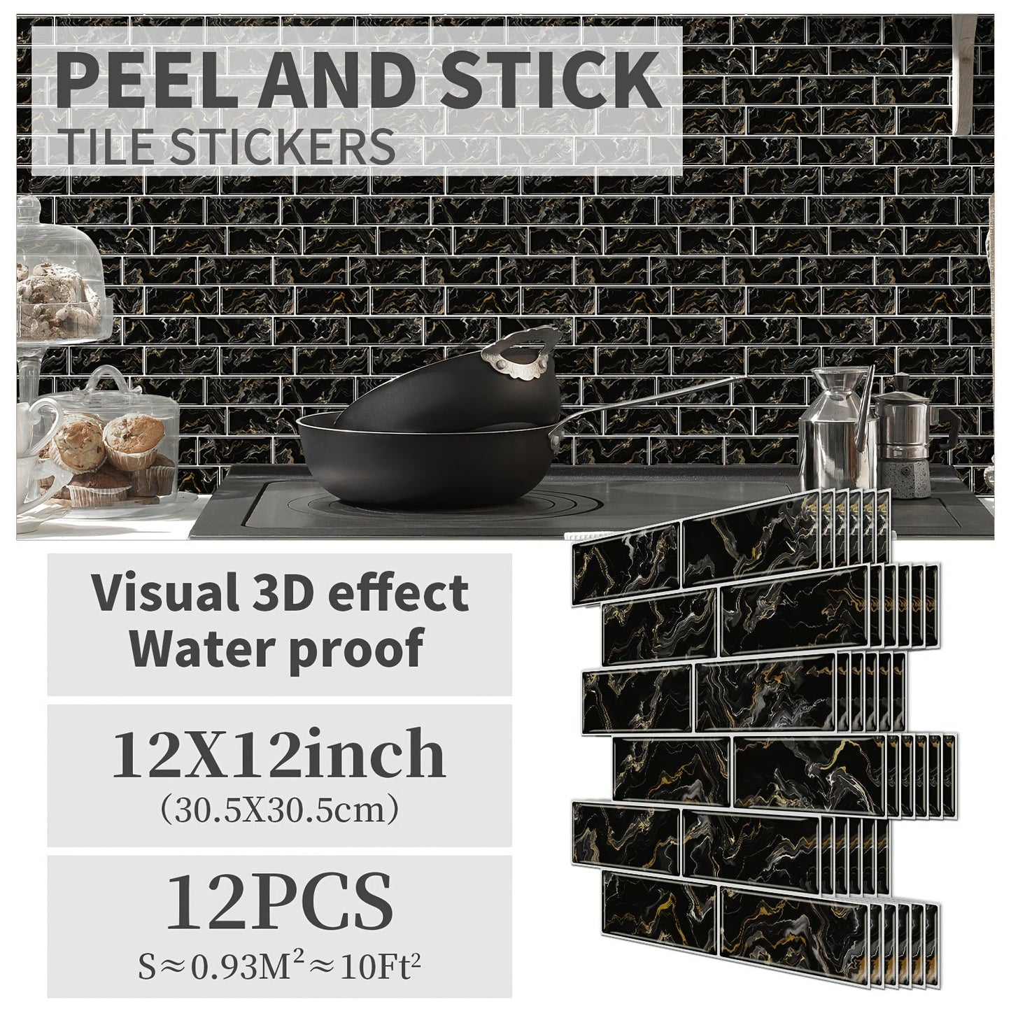 Each set includes 12 pieces of peel and stick black and golden quicksand brick pattern mosaic marble tile stickers. These 30.48 cm x 30.48 cm 3D self-adhesive wall tile stickers are waterproof and moisture-proof PVC stickers perfect for decorating