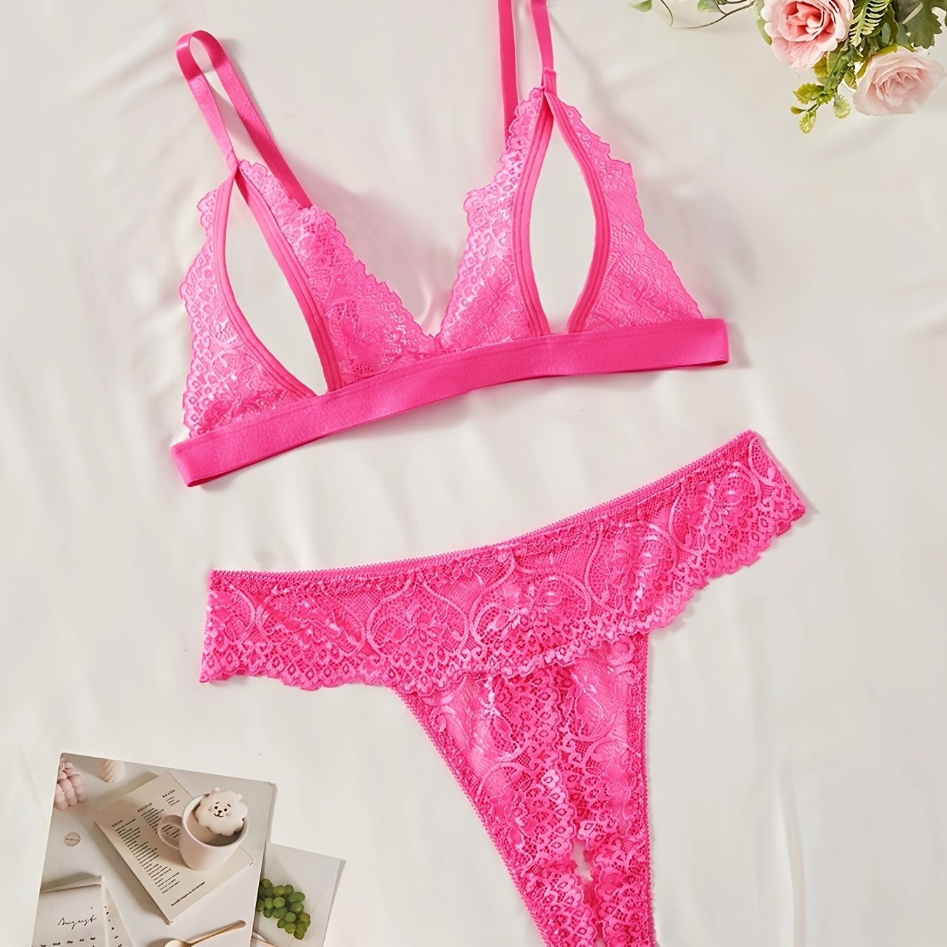 Floral lace lingerie set with open cup triangle bra and open crotch thong, sexy women's underwear.