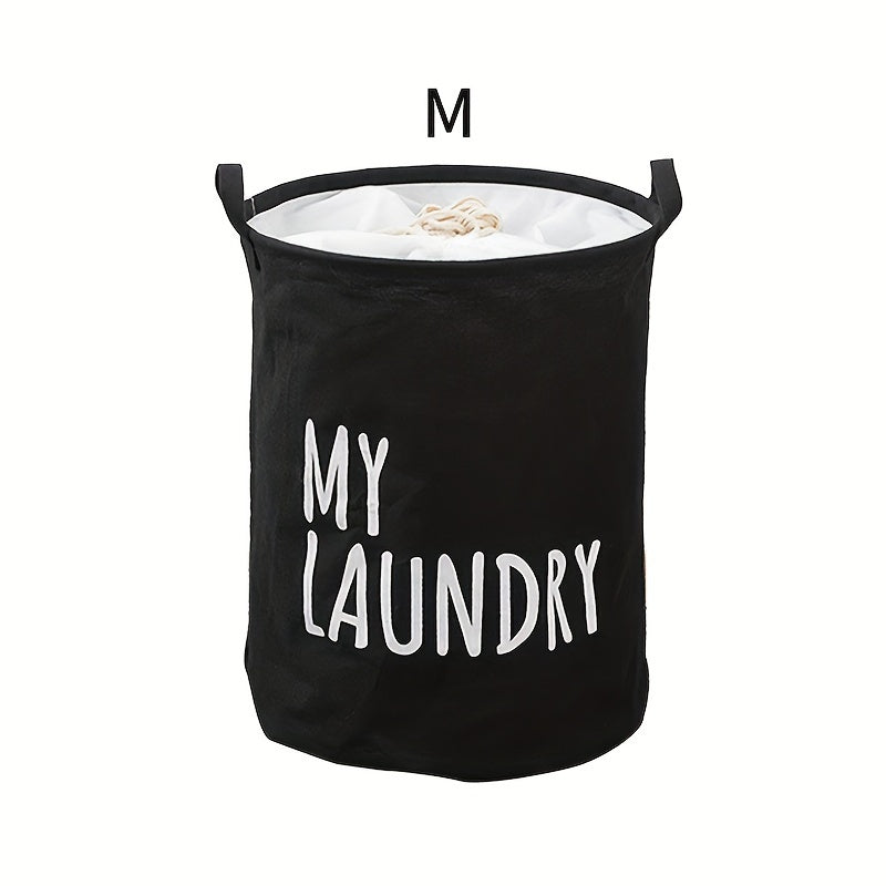 Classic Thick Fabric Laundry Basket with Drawstring Closure - Versatile Cylinder-Shaped, Foldable Dirty Clothes Storage Bin in Navy, White, and Gray featuring "MY LAUNDRY" Print for Stylish Room Decor, Laundry Room Organization, and Storage Solution