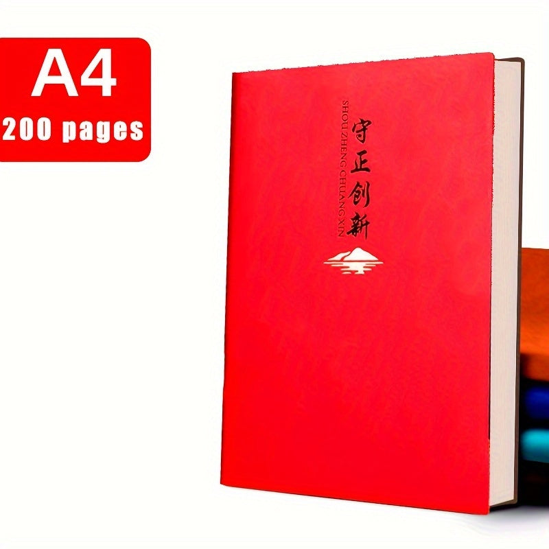 Luxury leather bound A4 notebook with 200 pages, glossy finish, plain ruling, ideal for business office work meetings.