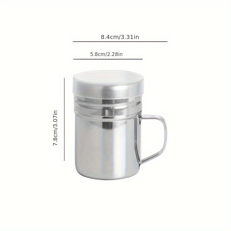 Durable stainless steel seasoning jar with handle perfect for BBQ spice, pepper, and sesame powder. Ideal for home, restaurant, or café use. Modern design and practical spice container.