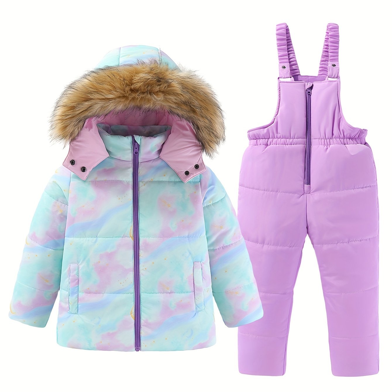 Qizlar uchun qishki chang'i snowsuit to'plami, kaputli kurtka va suspendor shimlar bilan ochiq havoda foydalanish uchun