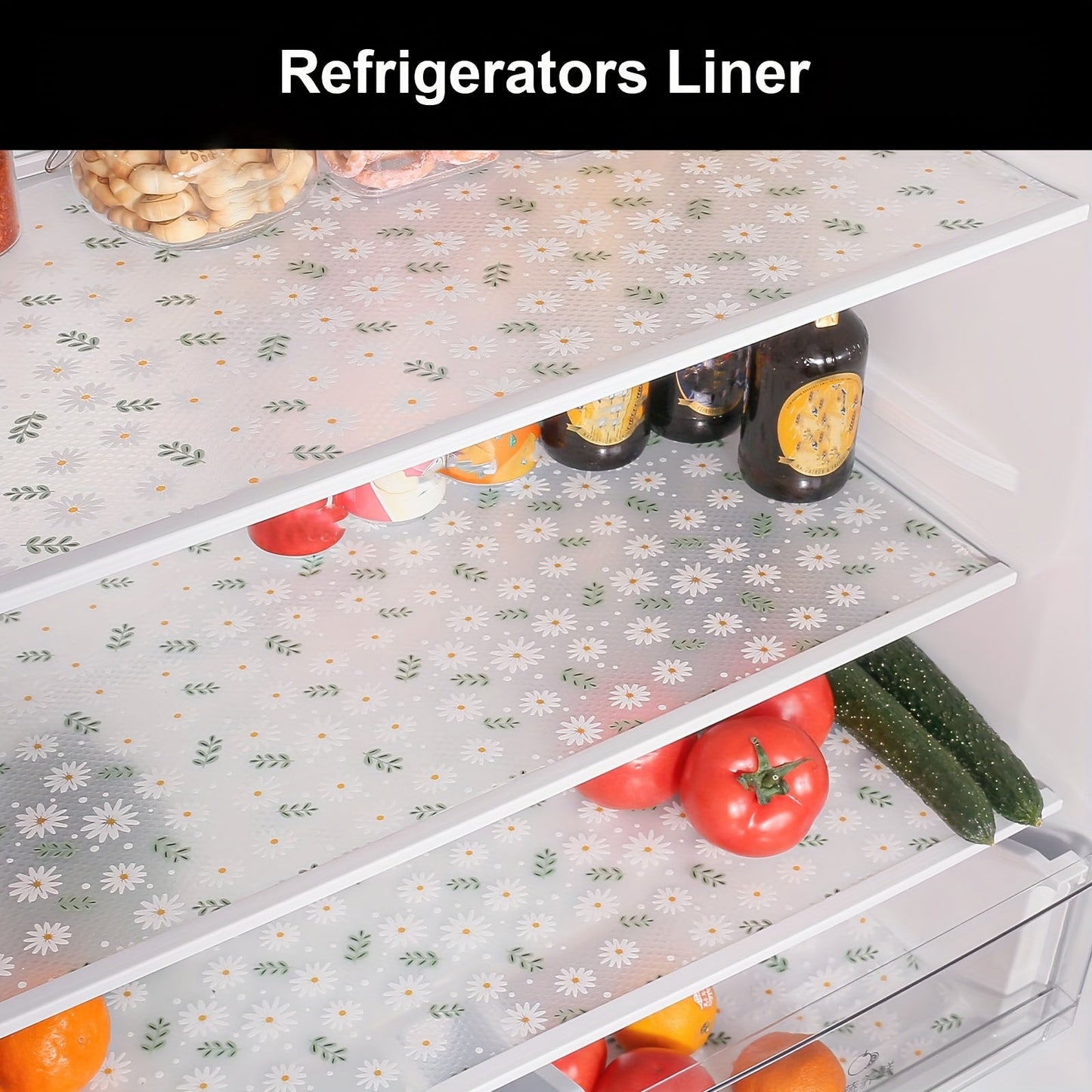 Green Daisy Pattern Shelf Liner - Waterproof Non-Slip Cabinet Liner for Kitchen Organization and Storage