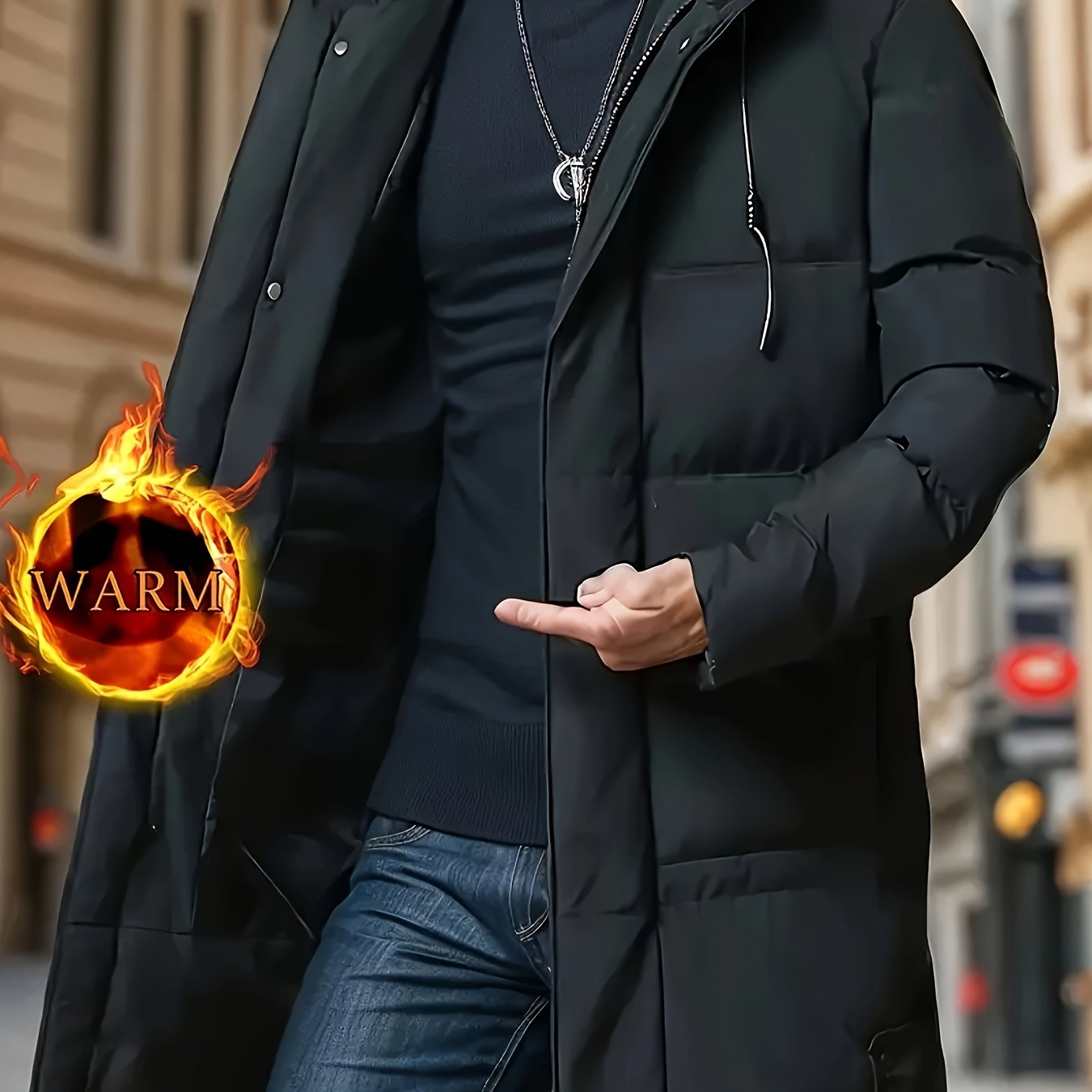 Men's casual hooded jacket made of 100% polyester with a solid color, regular fit, non-stretch fabric, zipper detail, and warm winter coat features.