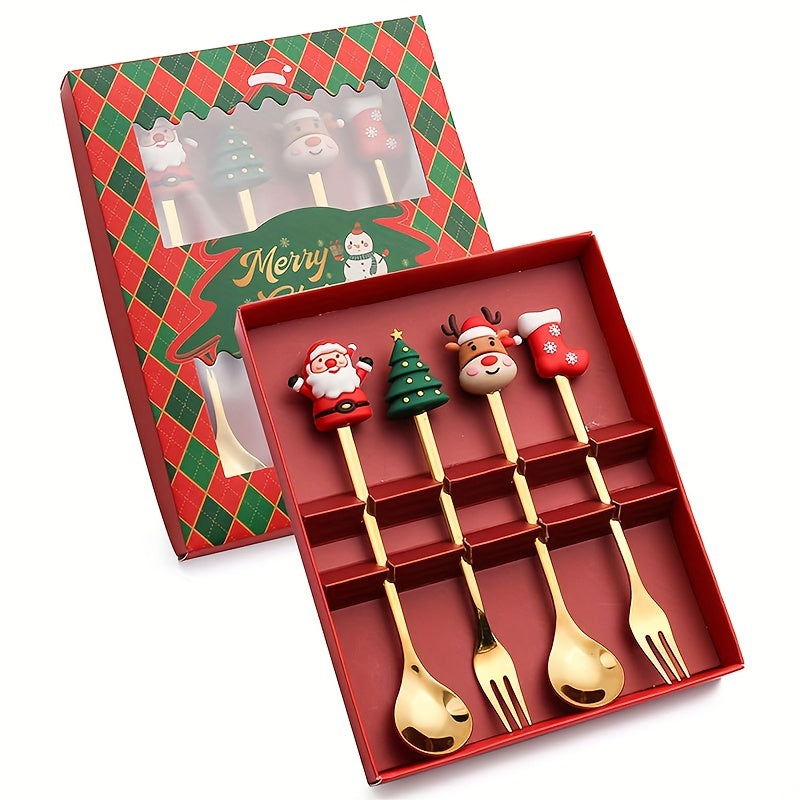 Set of 4/6 Christmas-themed stainless steel coffee spoons and forks in a red or green gift box for stirring beverages and desserts.