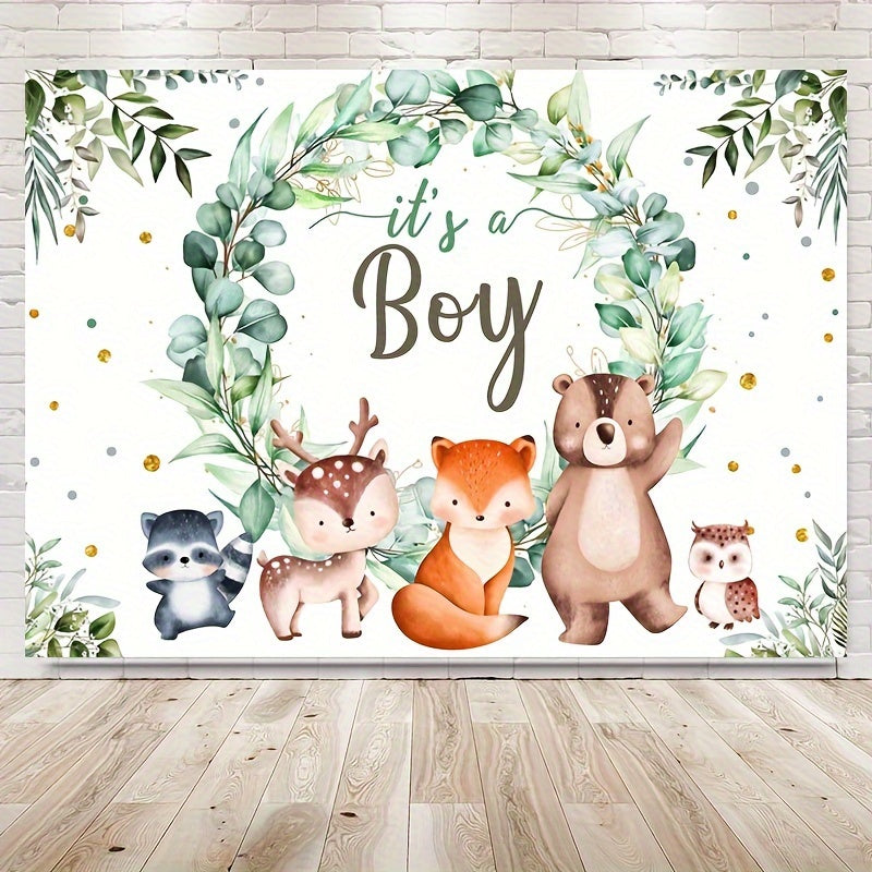 Woodland Baby Shower Background featuring green garland, fox, bear and wild animals for boy baby shower photography.