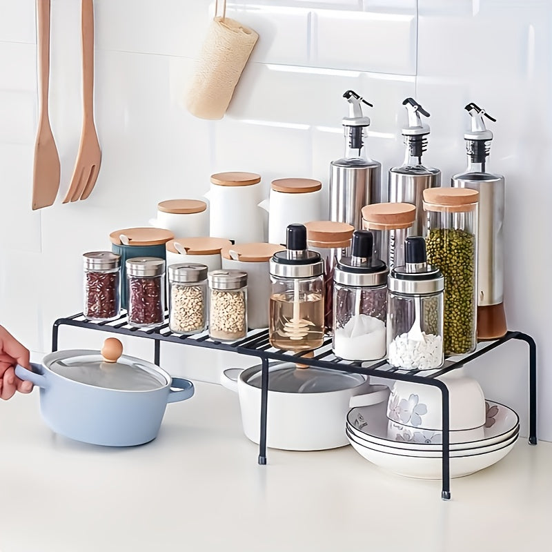 1pc Expandable Metal Shelf Organizer for Kitchen Countertop - Sturdy and space-saving storage solution with non-slip and rustproof features, ideal for pantry, spice rack, or restaurant