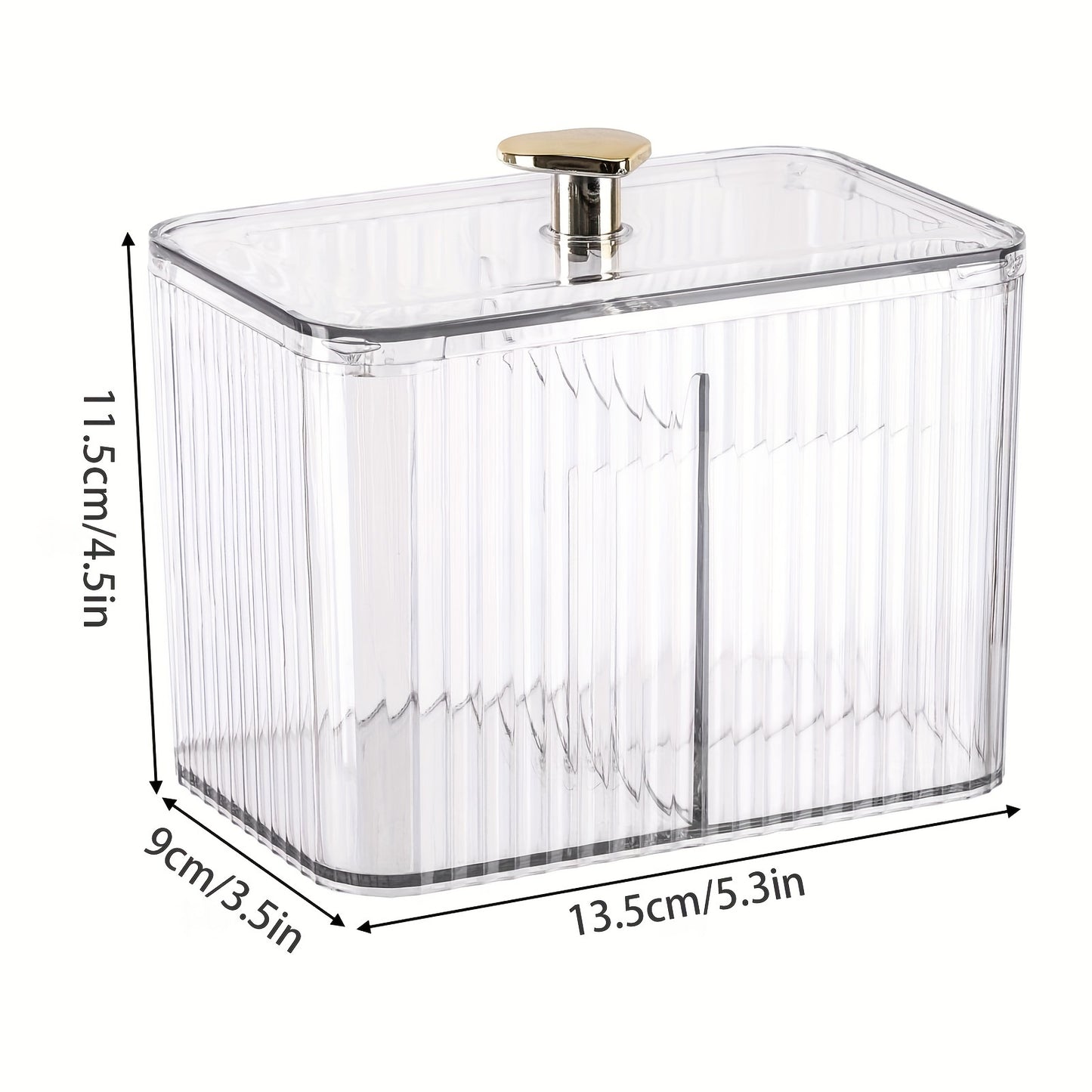 Clear plastic Qtip holder with 3 sections for cotton swabs, pads, and balls. Ideal for vanity storage, lightweight and space-saving.