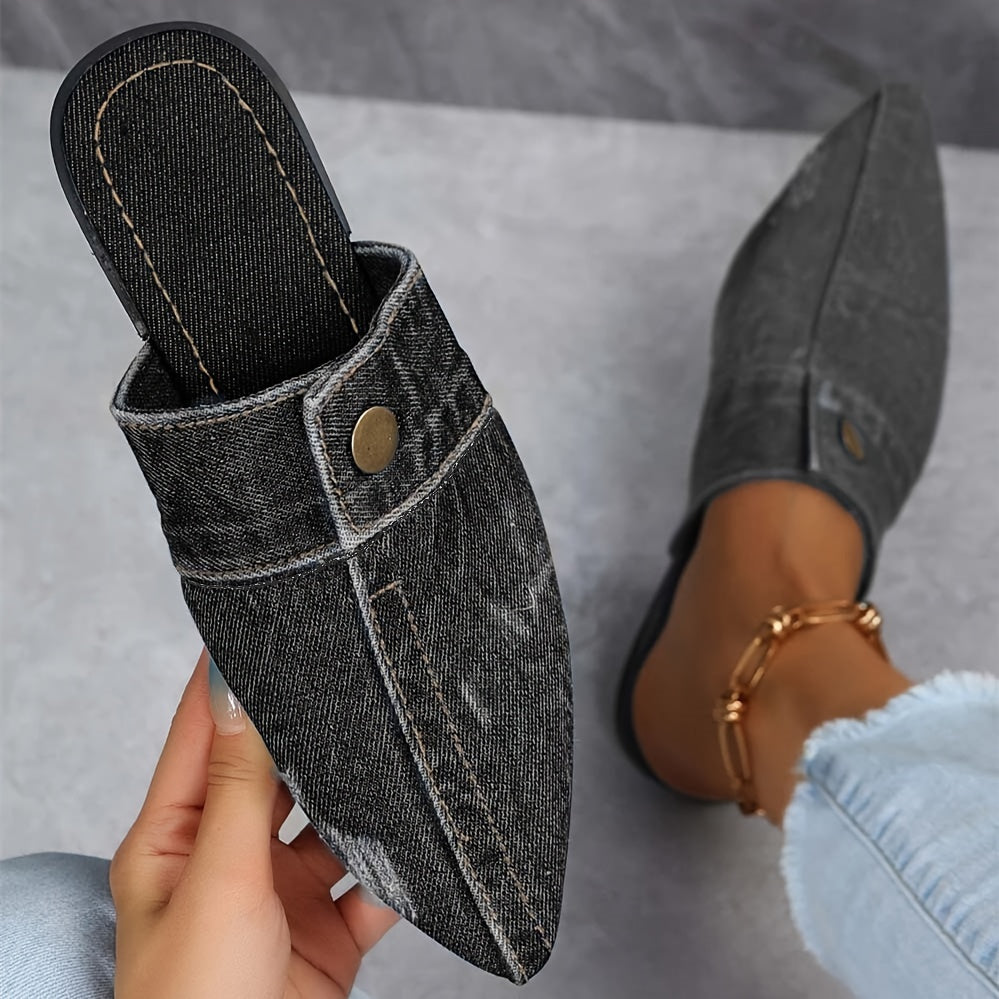 Women's Denim Flat Mules with Pointed Toe for Casual Outdoor Wear