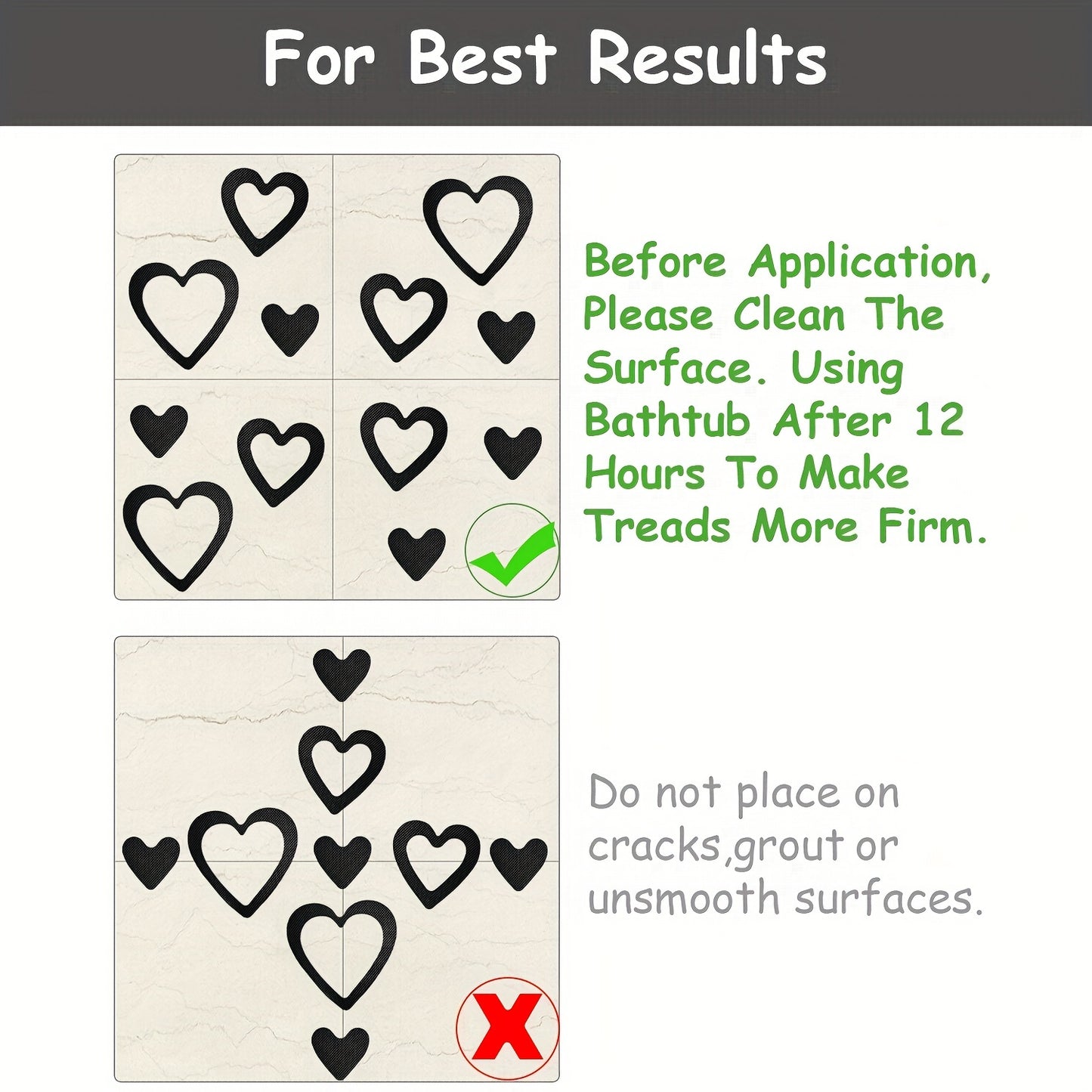 30 heart-shaped black vinyl bathtub stickers for safety, easy to apply and clean.