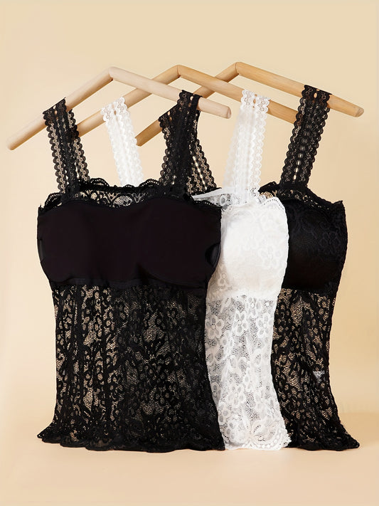 3 lace camisoles with chest pads, medium length, perfect for summer, versatile for layering.