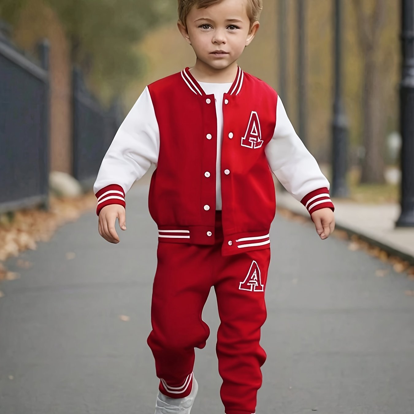 Boys' Matching fall/winter baseball suit in polyester knit, Alphabet print, Regular fit with button detail, for outdoor wear.