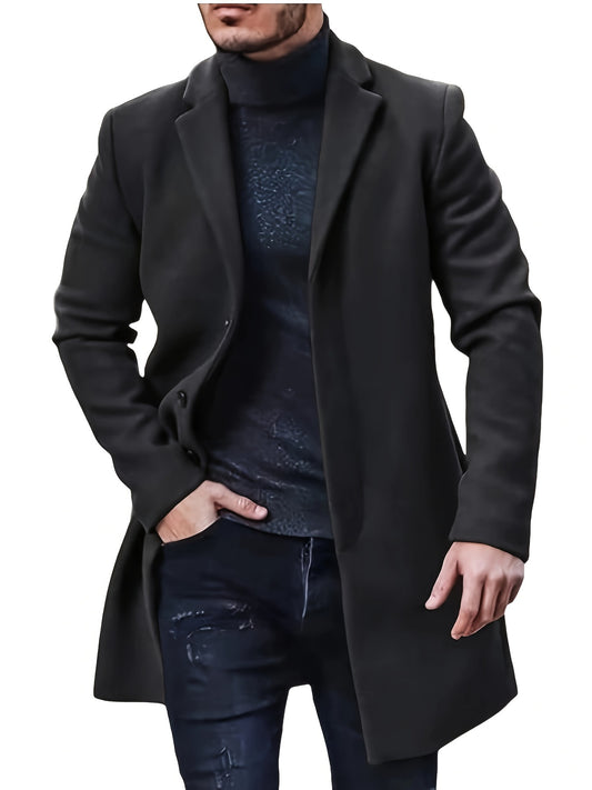 Men's plus size casual trench coat made of 100% polyester solid color non-stretch woven fabric with lapel collar, button detail, and loose fit, suitable for spring/fall outerwear.