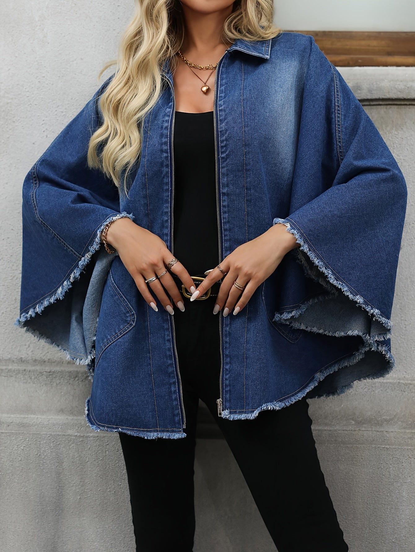 Elegant style batwing sleeve cape denim coat for plus size women, along with denim jeans and clothing.