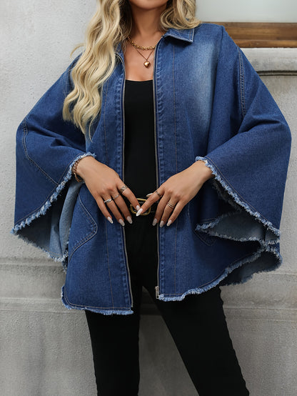 Elegant style batwing sleeve cape denim coat for plus size women, along with denim jeans and clothing.