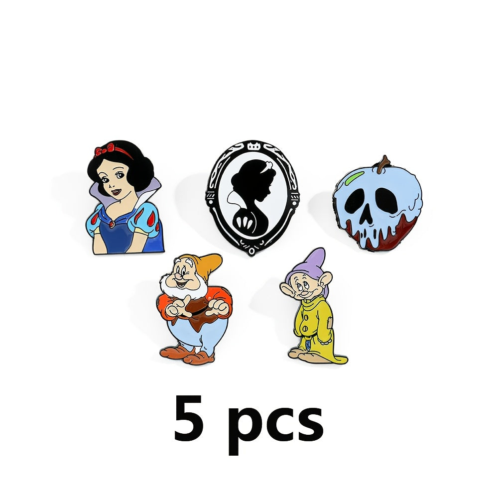 Set of 5 Enamel Pins - Adorable Snow White & The Seven Dwarfs Brooches, Made of Alloy Metal, Perfect for Clothing and Backpacks