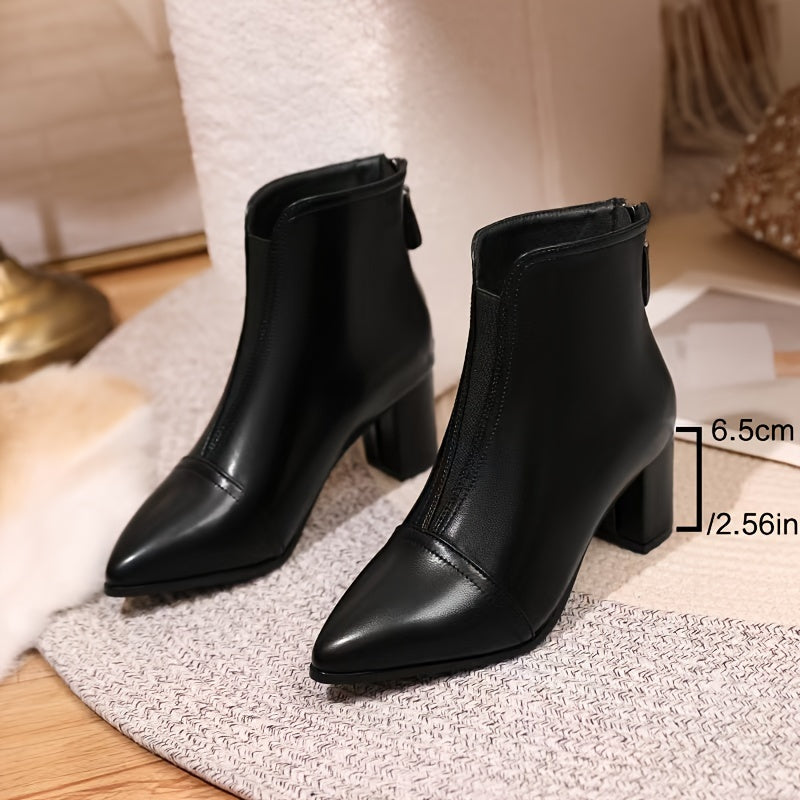 French black ankle boots with a mid-heel, pointed toe, and versatile style for women's winter.