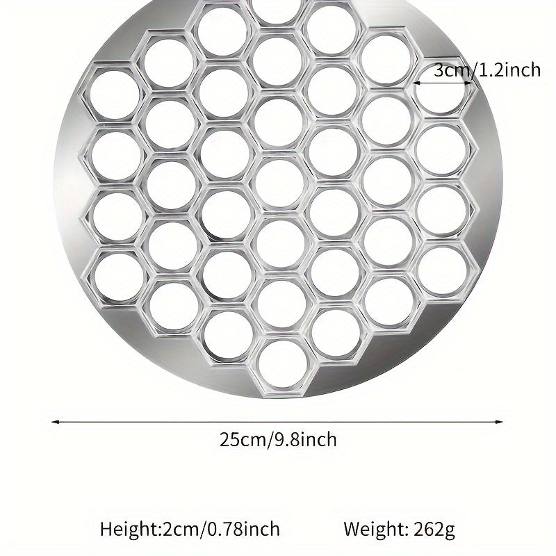 Convenient aluminum dumpling maker with 37 holes for making meat dumplings and other pastries at home. A must-have kitchen tool.