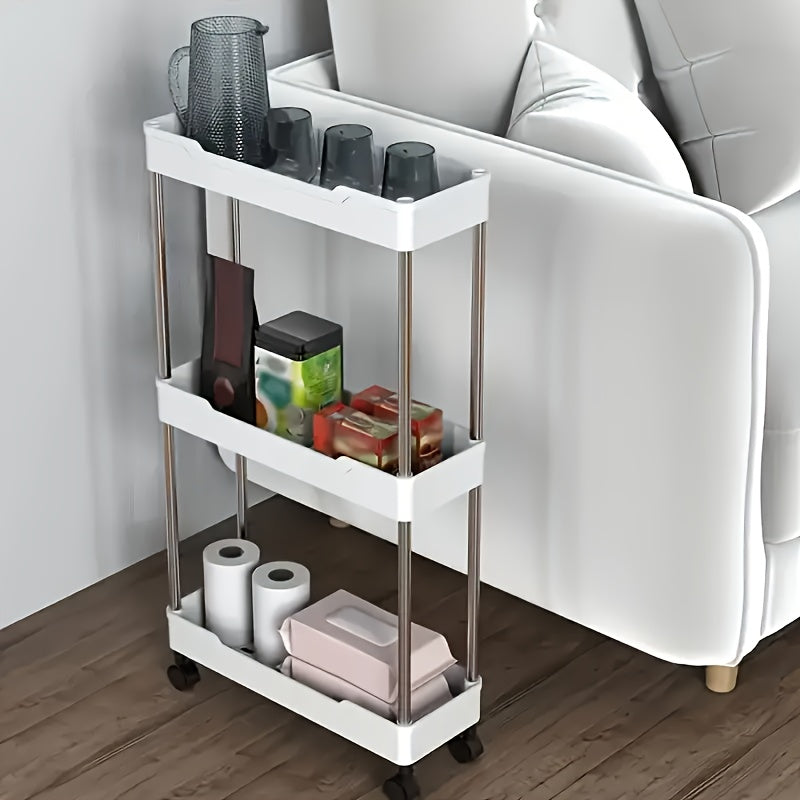 Compact Rolling Storage Cart with 3 Tiers, made of Matte Stainless Steel and Plastic Materials. This versatile organizer is perfect for organizing your kitchen and bathroom essentials. With a capacity of under 3.2 cubic feet, this cart is ideal for